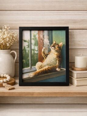 Framed 8x10 Art Print of a Cat Smoking a Cigarette